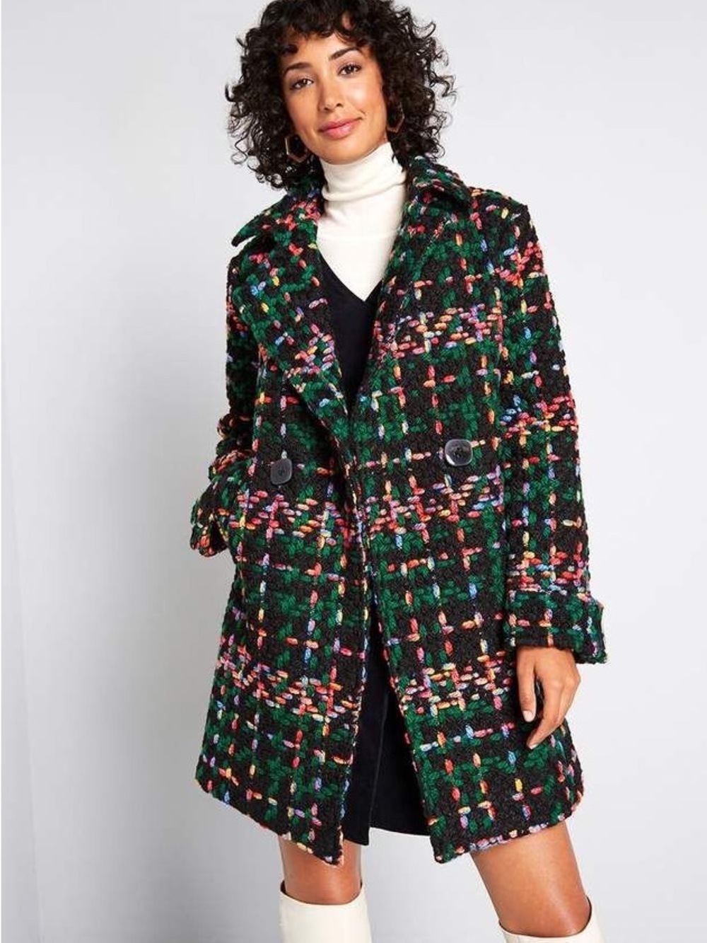 Pepaloves Black Bouclé Pea Coat with Multicolor Knit Accents